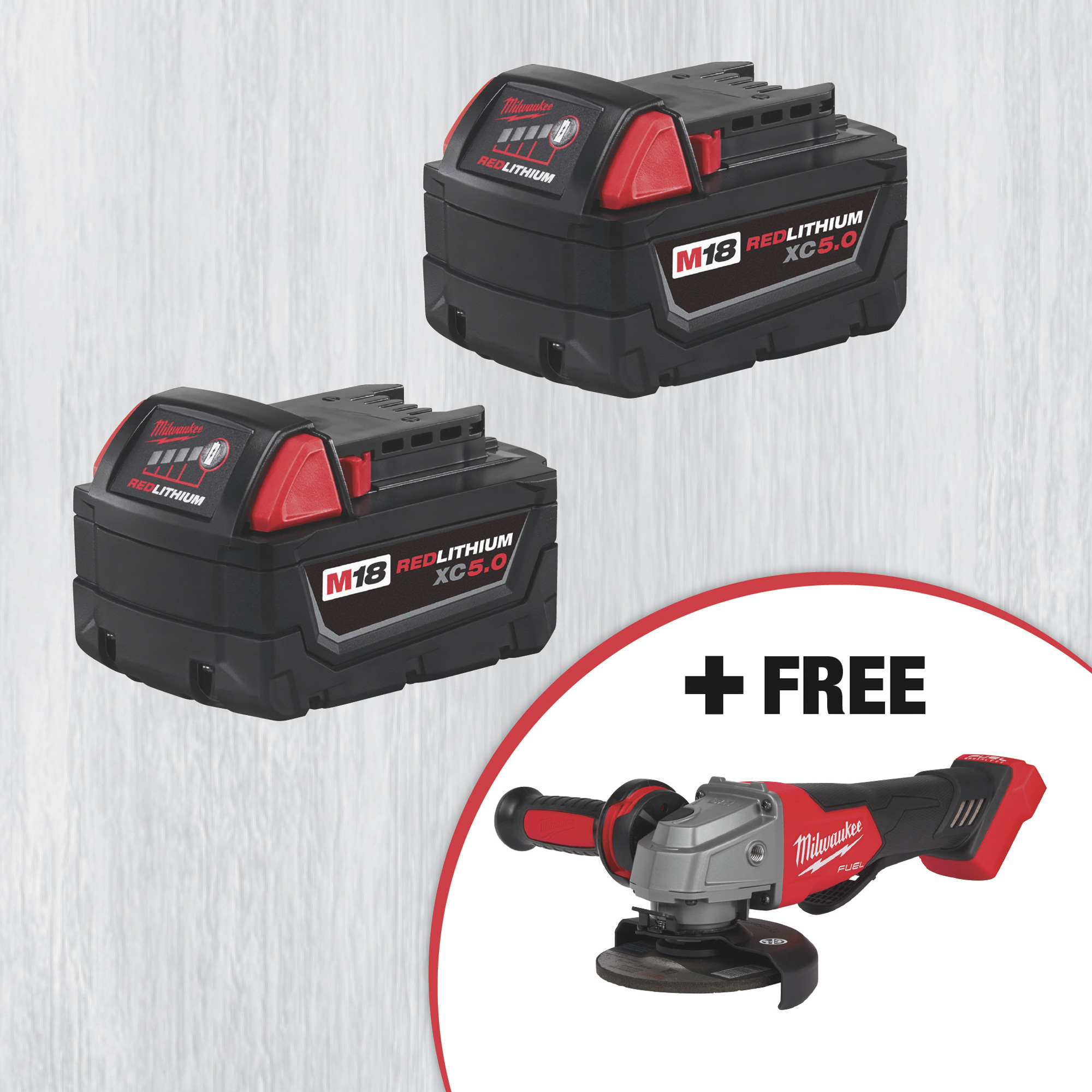 SPECIAL BUY! Milwaukee M18 XC5.0 Battery 2-Pack with FREE Milwaukee M18 Fuel Gen II 4 1/2in./5in. Angle Grinder Kit